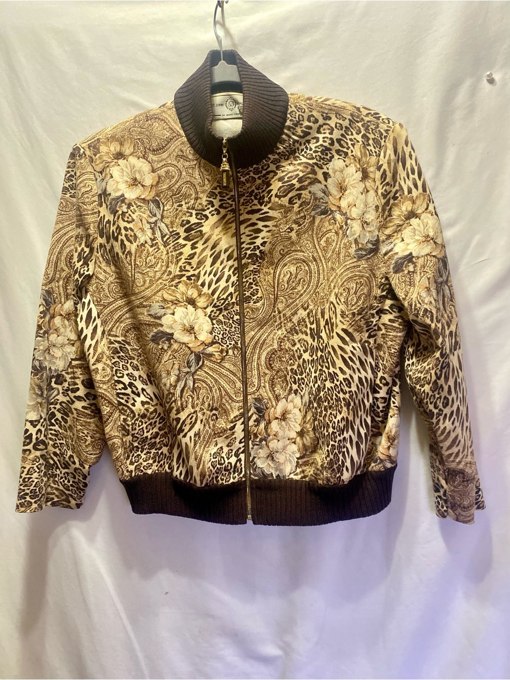 Vintage St. John Sport Mixed Print Denim Jacket Leopard Paisley Mock Neck 90s XL